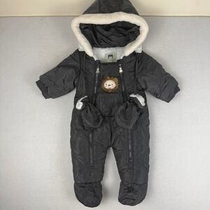 Mother's Babybear Gray Quilted Snowsuit Lion Applique Faux Fur Lined 6-9 Months